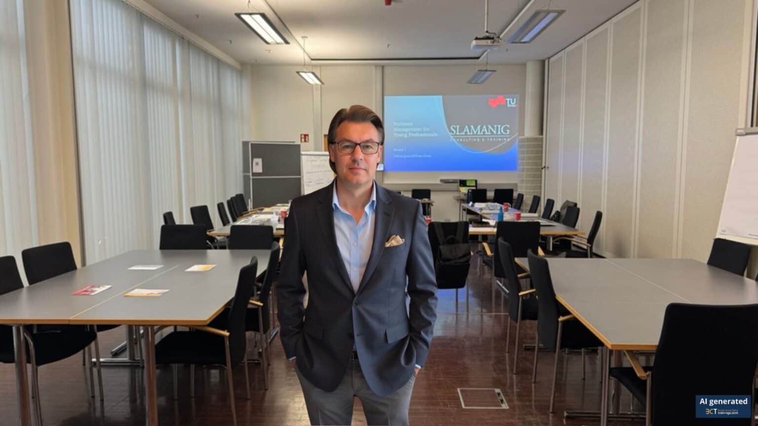 Freundlicher Geschäftsmann in Anzug vor professioneller Präsentation bei Slamanig Consulting & Training.