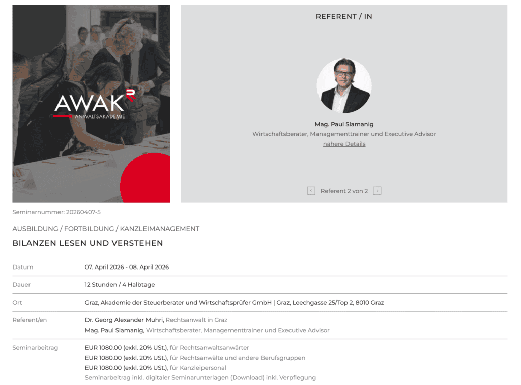 Wirtschaftsberater bei Seminar „Bilanzen lesen und verstehen“ in Graz.